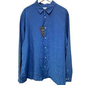 M&S Pure Linen Button Up Shirt Mens XL Cobalt Blue Casual Long Sleeve NWT